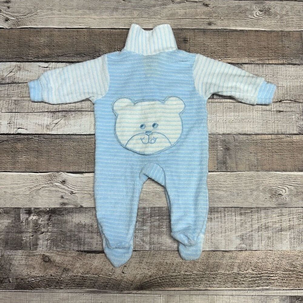 Vintage Carter’s Newborn Baby Boy Striped Blue Teddy Bear One Piece Outfit